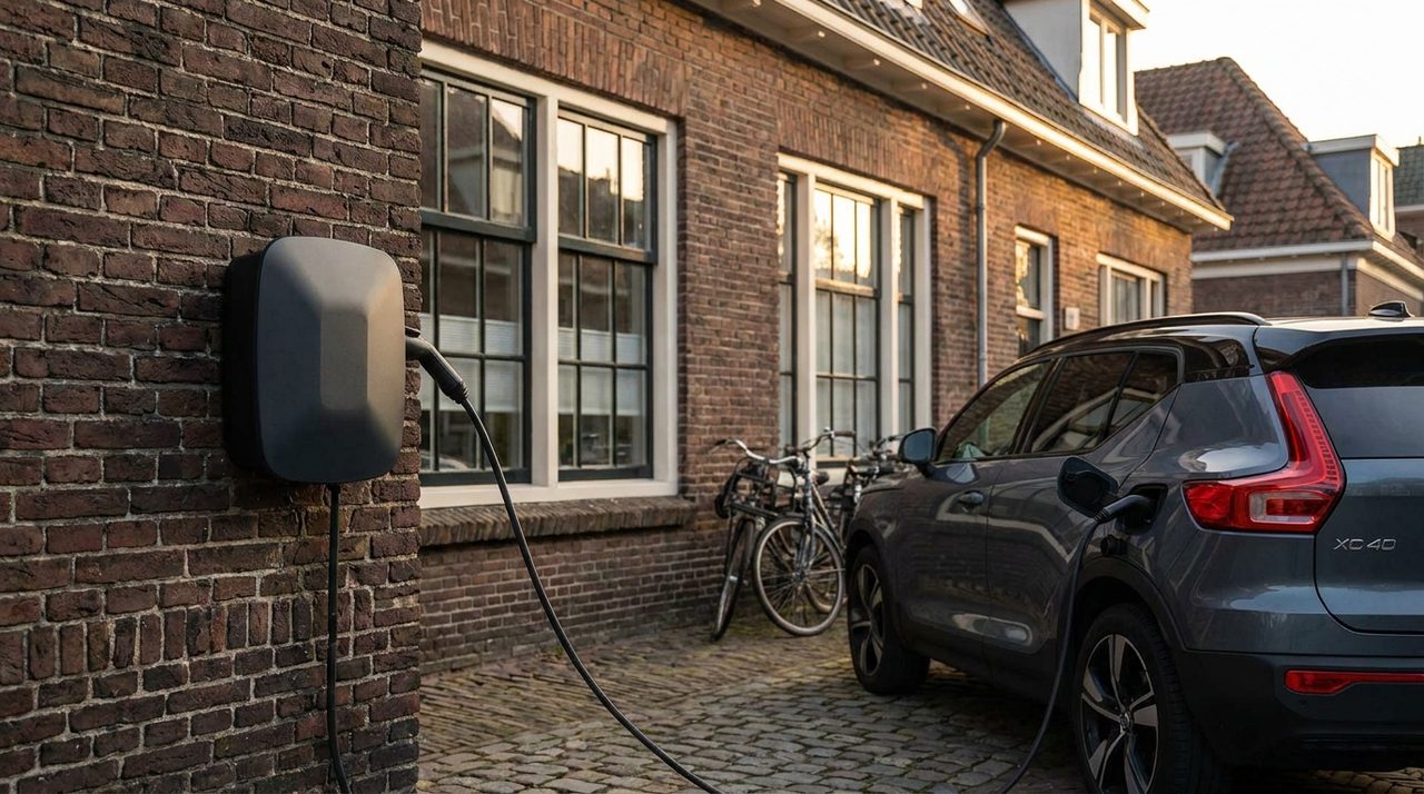 Wallbox-thuislader aan de gevel met elektrische auto op de oprit